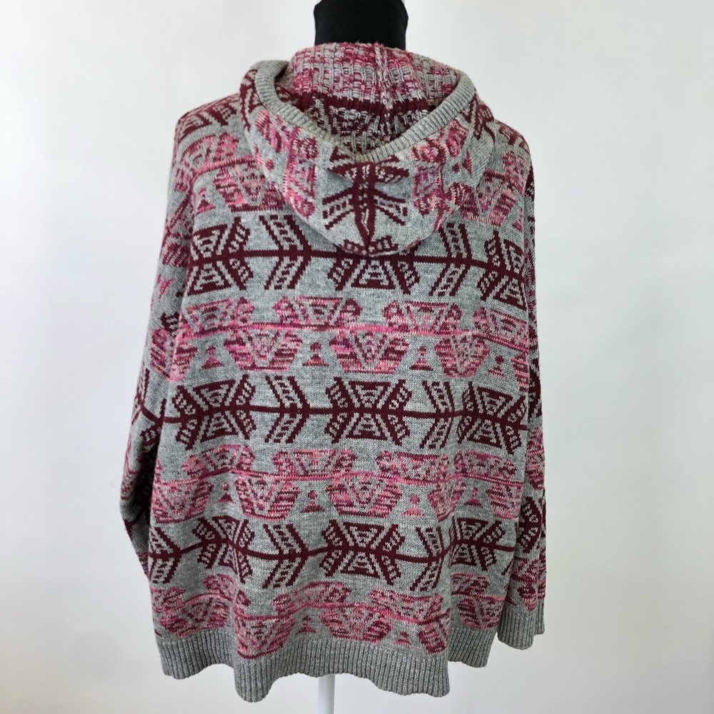 American Eagle Tribal Baja Hoodie Sweater Pullover Boxy Cotton Gray Red XL Boho - Picture 4 of 7